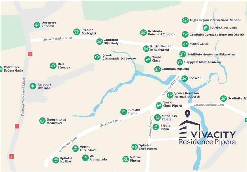 Hartă cu reperele din jurul VIVACITY Residence Pipera: stațiile de metrou Pipera și Aurel Vlaicu, Promenada Mall, Pipera Plaza, școli internaționale, spitale și aeroporturile Otopeni și Băneasa