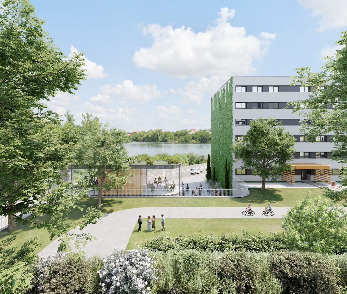 Randare VIVACITY Residence Pipera: cladire cu fatada verde, parc cu alei si vedere spre lac