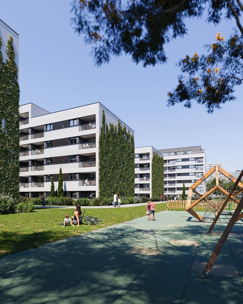 Randare VIVACITY Residence Pipera: cladiri P+4 si P+5 cu fatade verzi, parc si loc de joaca intre blocuri