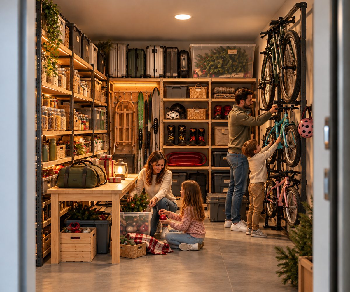 Familie într-o boxă de depozitare, pregătind decorațiunile de Crăciun din cutii transparente, în timp ce bicicletele sunt agățate pe perete